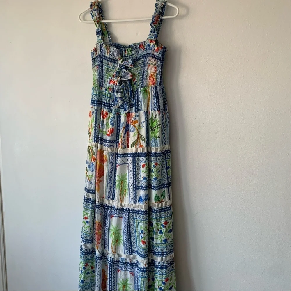 Farm Rio Tropical Tiles Cotton Square Neck Smocked Tiered A Line Maxi Dress - Picture 5 of 12
